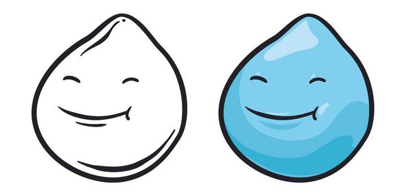 Pair of chubby water drops with cute smiling face, one in outlines for coloring and the other in cartoon style. - Vector, imagen