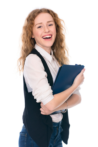 Portrait de heureuse jeune femme d'affaires isolée sur fond blanc
 - Photo, image