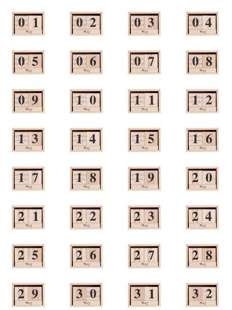 Calendario de madera, conjunto de fechas mes de mayo 01-32, sobre un fondo blanco primer plano - Foto, imagen