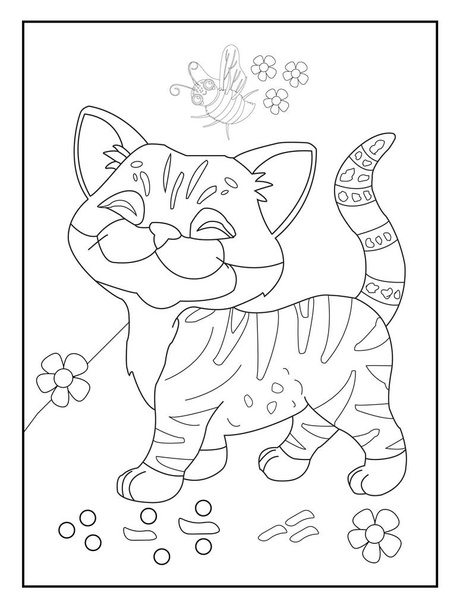 Kitty kat kleurplaat voor kinderen leuke dierlijke lijn kunst kleurboek cartoon stijl doddle vector illustratie - Vector, afbeelding