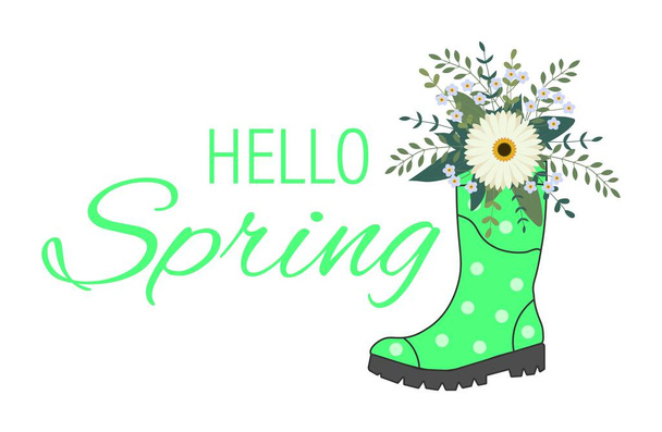 Cute bouquet in green rubber boots. Gardening boot with flowers. Spring Concept - Vector, Image