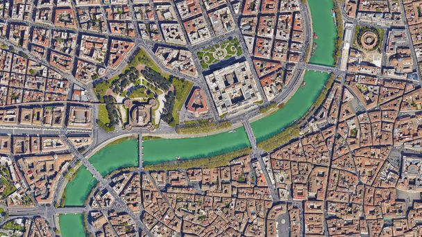 Stadt Rom, Blick von oben auf die Burg Sant Angelo - Blick aus der Vogelperspektive Tiber und Rom, Italien - Foto, Bild