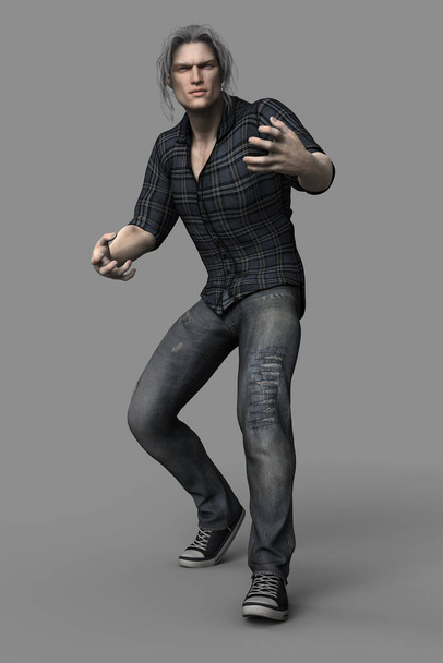 Man wearing jeans and check shirt in an urban fantasy style pose - Фото, изображение