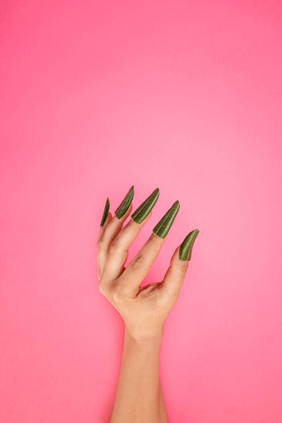 Creative photo of beautiful female hand and nails made of green pittospora leaves. Magenta background. - Foto, Bild