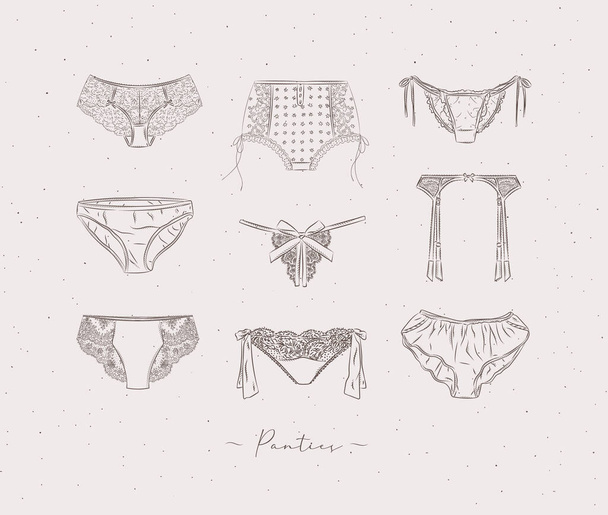 Lace sexy panties collection drawn in graphic style on beige color background - Vector, Image