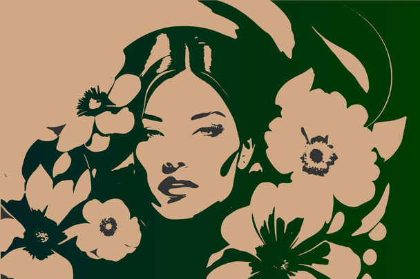 Vektorová ilustrace ve stylu vintage, Abstraktní portrét krásné mladé dívky na květinově zeleném pozadí - Vektor, obrázek
