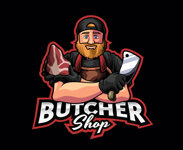 Butcher Mascote Logo Design. Ilustração vetorial de um açougueiro com pedaços de carne e uma faca na mão - Vetor, Imagem