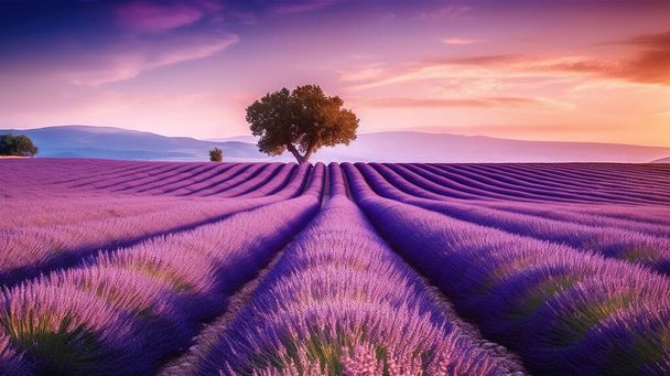 Una vista impresionante de la campiña de Provenza llena de lavanda en Francia, salpicada de nubes pintorescas y violetas vibrantes. - Foto, Imagen
