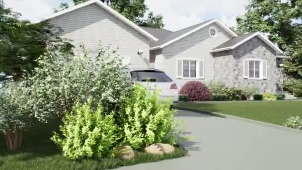 3d анимация. Белый американский ухоженный дом с гаражом и ландшафтным дизайном. Ухоженный двор с деревьями. - Кадры, видео