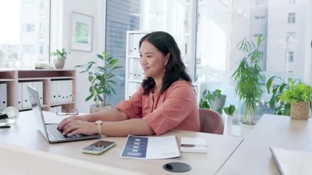 Asian woman, laptop and shoulder pain at office desk in discomfort, bruise or sore injury. Businesswoman suffering ache holding painful arm, muscle or bone by computer from stress or overworked. - Séquence, vidéo