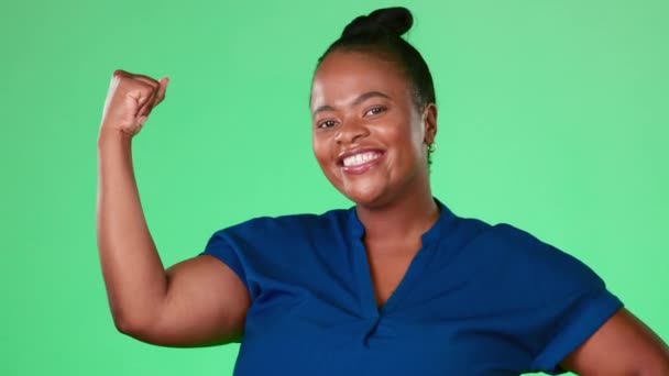 Black woman muscle flex isolated on studio background or green screen for power, strength and hard work. Face of model or person with empowerment, feminism or strong hand or arm for energy motivation. - Footage, Video