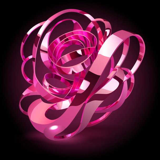 Abstract figure made of intertwined pink shiny metallic ribbons, with glares and glow on dark background - Vector, Imagen