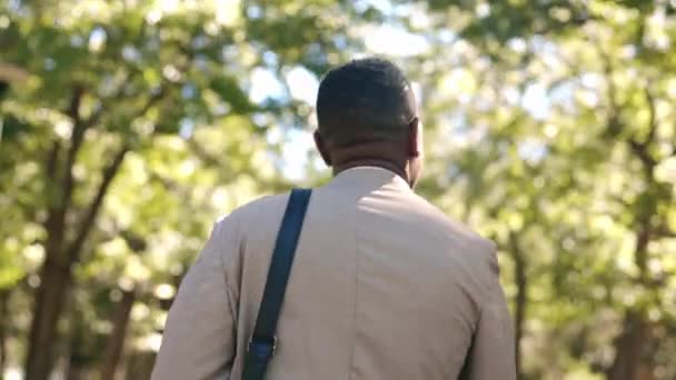 Afrikaanse zakenman wandelen in het park van achter, natuur en bomen op rustige ochtend pendelen naar het werk. Zwarte man, zaken en ontspannen of rustige wandeling naar kantoor in de tuin genieten van frisse lucht en rust - Video