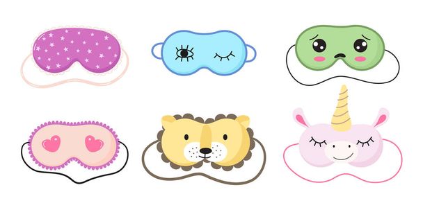 Cute masks for dreaming set vector. Rest relax accessories for night collection. Sleepy mask with eyes, animals face and smiles. In hand drawn style. - Διάνυσμα, εικόνα