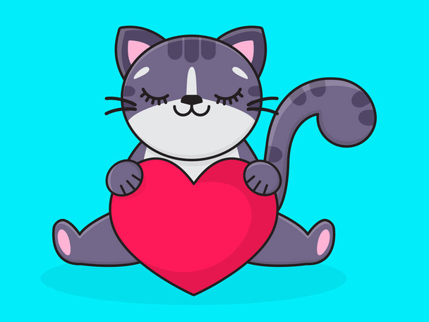 A cute cartoon gray cat holds a pink heart in its paws. Gray cat on a blue background. Vector illustration. - Vecteur, image