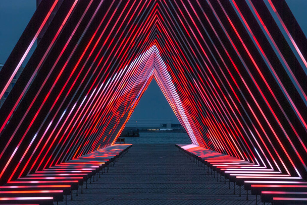 Lighted triangle in the harbor of Copenhagen, Denmark - Zdjęcie, obraz
