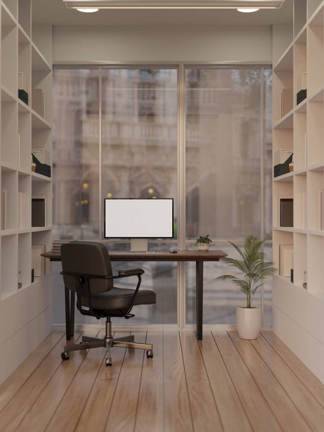 Дизайн интерьера офисного пространства с компьютерным макетом белого экрана на фоне большого окна, большими книжными шкафами и декором. 3D рендеринг, 3D иллюстрация - Фото, изображение