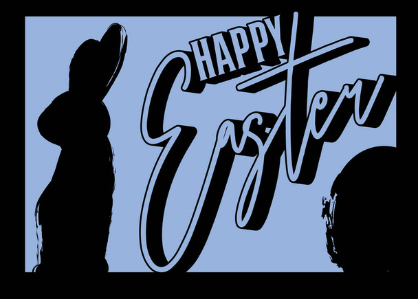 Poster de Pascua feliz con sombra de un gran conejo y huevos. Elegante diseño de invitación Dark Holiday. Tarjeta de felicitación con conejito pintado negro. - Vector, imagen