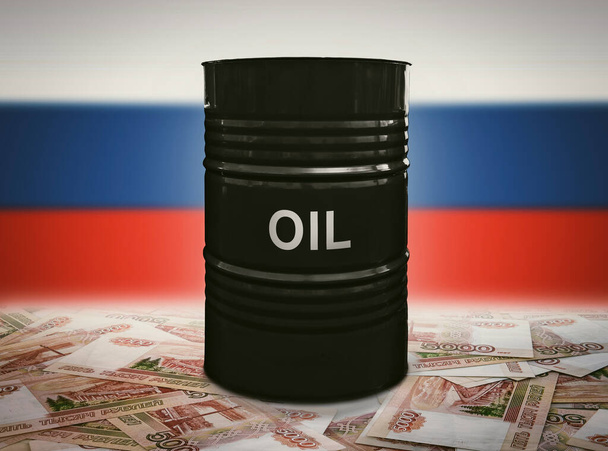 Konzept des Verkaufs von Mineralien für russische Rubel. Verdienen Sie Geld mit dem Abbau von Gas- und Ölvorkommen. Ein Barrel Öl auf dem Hintergrund der russischen Flagge und Rubel. - Foto, Bild