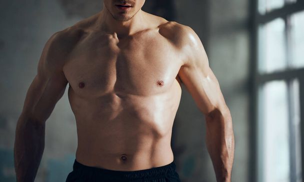 Cropped image of young man posing shirtless indoors. Relief, strong, muscular body shape. Attractive male body. Concept of sportive lifestyle, body care, fitness, hobby, health, diet - Фото, изображение