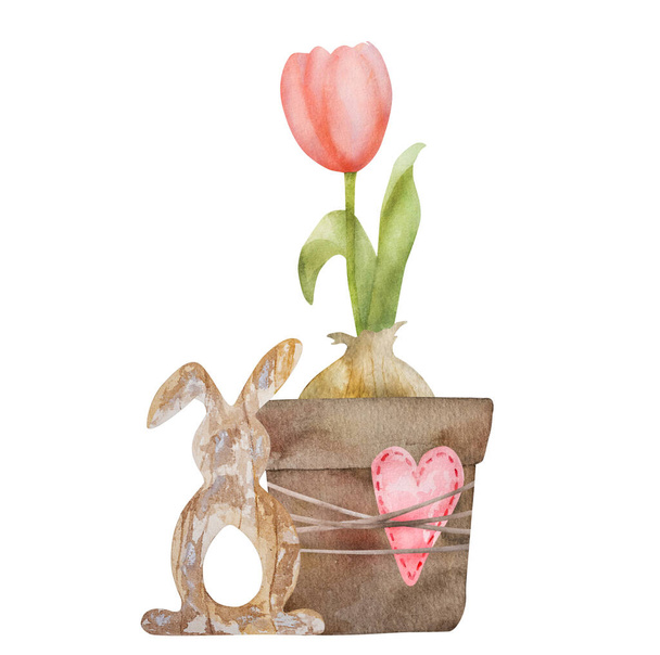 Beautiful pink tulip flower growing in pot with heart watercolor paiting. Spring blossom garden plant with easter bunny wooden toy aquarelle art - Фото, зображення