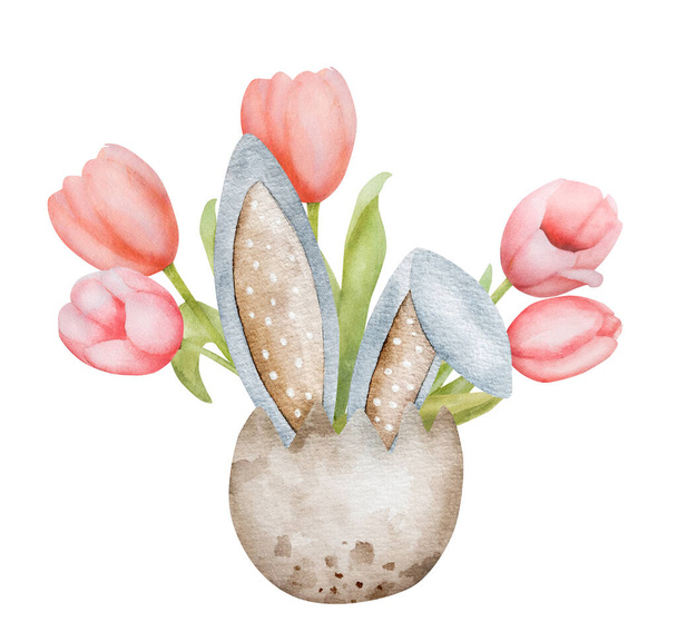 Beautiful pink tulip flower in easter egg decorated with bunny ears for spring holiday watercolor art. Garden blossom plant for religion holly day celebration - Foto, Imagen