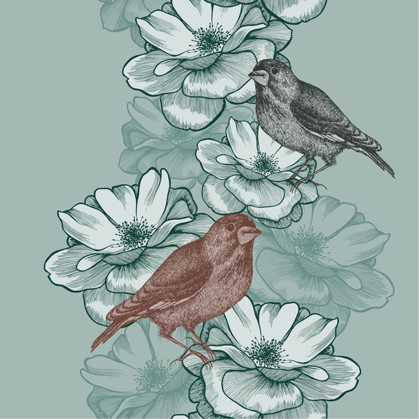 Vector illustration. Seamless wallpaper rosehip and flowers. - Vetor, Imagem