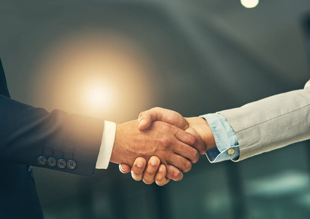 Les meilleurs partenariats sont construits avec les meilleurs en affaires. deux hommes d'affaires serrant la main dans un bureau moderne - Photo, image