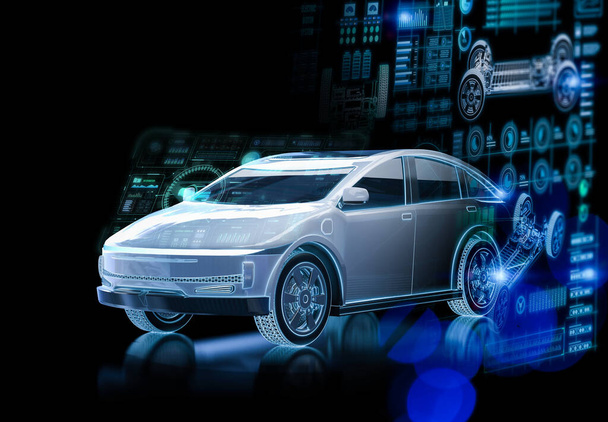 3D рендеринг автомобиля или электромобиля с цифровым графическим интерфейсом - Фото, изображение