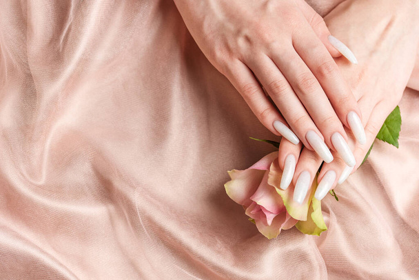 Elegante manicure femminile alla moda. Belle mani di giovane donna con manicure bianca e rose su sfondo rosa seta. - Foto, immagini