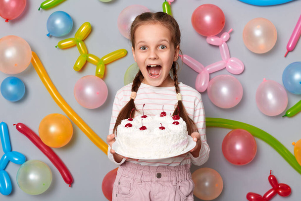 Imagen de niña extremadamente feliz con trenzas con ropa casual posando aislada sobre fondo gris con globos, sosteniendo pastel de cumpleaños. - Foto, Imagen
