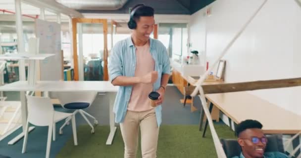 Man, dancing headphones or walking in modern office, coworking space or teamwork startup company with freedom energy. Smile, happy or music dance for busibess worker or creative designer with coffee. - Footage, Video
