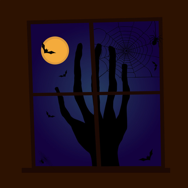 Escena aterradora de la ventana de Halloween con murciélagos y arañas
 - Vector, imagen