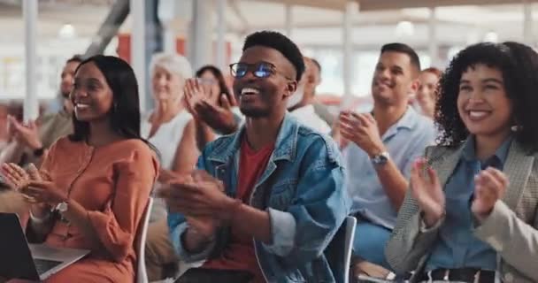 Applause, workshop and crowd with a business team clapping during a presentation or seminar. Meeting, conference and training with a man and woman employee group cheering success or an achievement. - Footage, Video