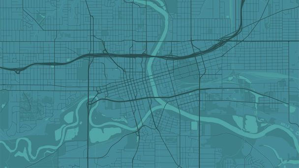 Antecedentes Mapa de Des Moines, Iowa, póster de la ciudad de menta verde. Mapa vectorial con carreteras y agua. Proporción de pantalla ancha, hoja de ruta digital de diseño plano. - Vector, Imagen