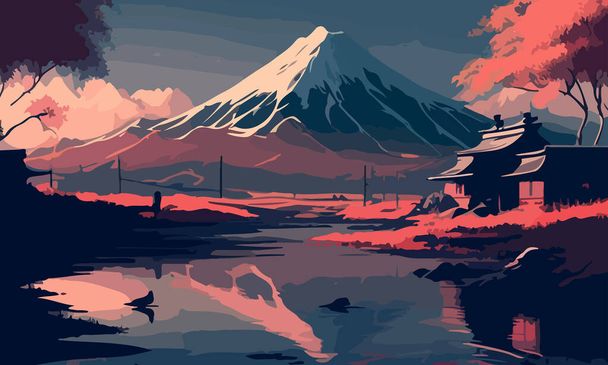 Japan is the country of sakura. View of Mount Fuji 2. - Vector, Image