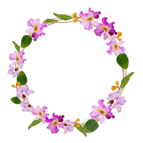 watercolor purple queens flower bouquet wreath frame - Вектор,изображение