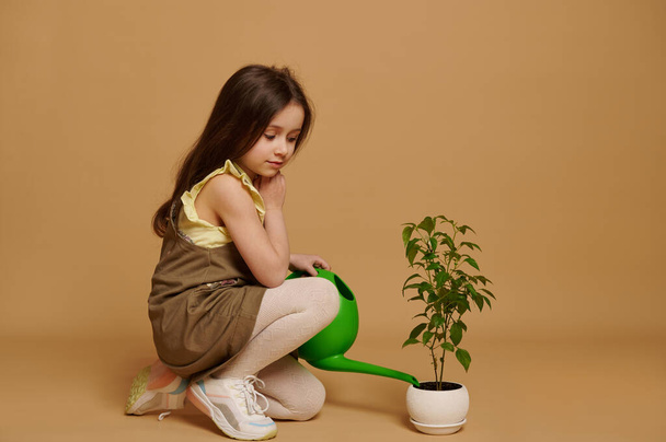 Ganzkörperporträt eines schönen Mädchens im Grundschulalter in khakifarbenem Kleid, das auf einem beigen Hintergrund sitzt und mit einer Gießkanne etwas Wasser in einen Blumentopf mit blühender Chilipflanze gießt.. - Foto, Bild
