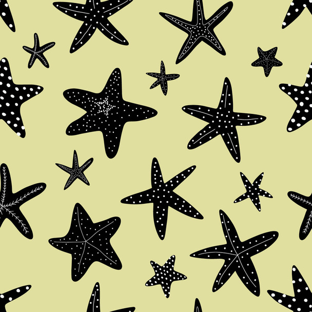 Starfish seamless pattern. Black silhouette. Atlantic star. Marine Animal Vector print. - Vektör, Görsel