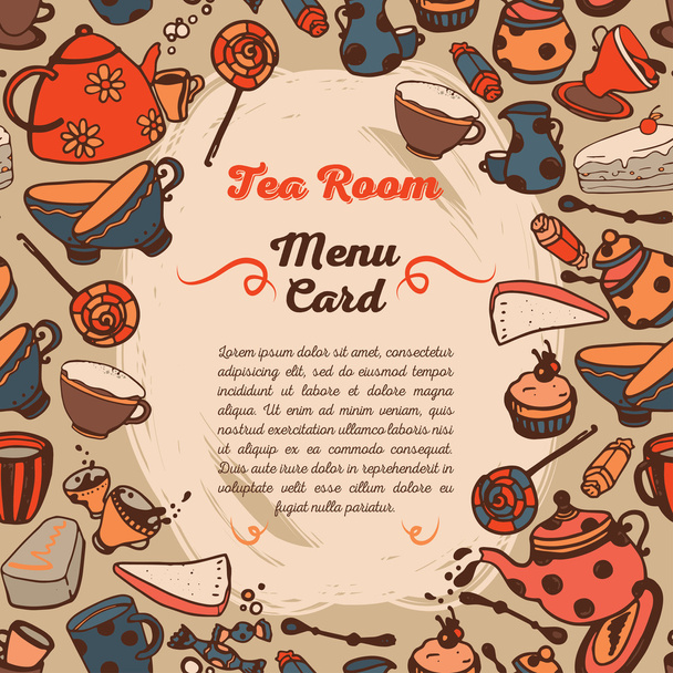 Cute menu cover for tea room, card with cartoon style tea things - Vector, Image