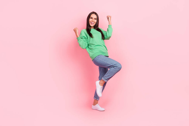 Full length photo of overjoyed cheerful lady wear bright clothes rejoice win lottery jackpot competition isolated on pink color background. - Фото, зображення