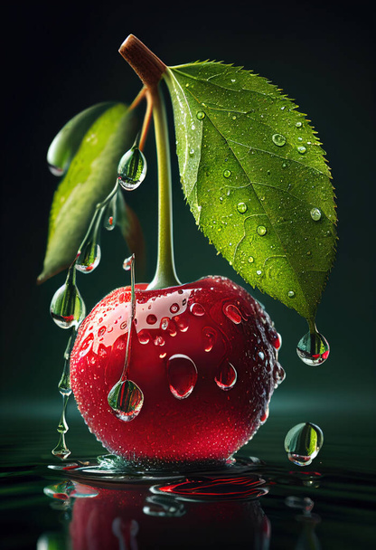 Fresh juicy cherries with water drops on dark light background.  - Фото, зображення