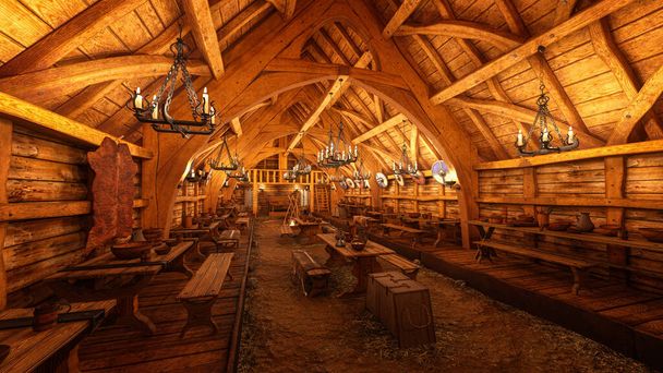 Μεσαιωνικό σπίτι Βίκινγκ μακρύ με λάσπη και άχυρο στο έδαφος, ξύλινα τραπέζια με φαγητό και ποτό, φωτισμένο με φως κεριών. 3D απόδοση. - Φωτογραφία, εικόνα