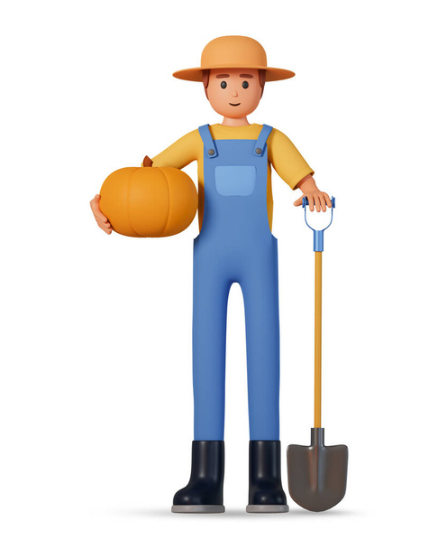 Farmer in overalls hold pumpkin in one hand and shovel in other front view 3d illustration. 3d illustration of gardener man hold pumpkin and shovel  - 写真・画像