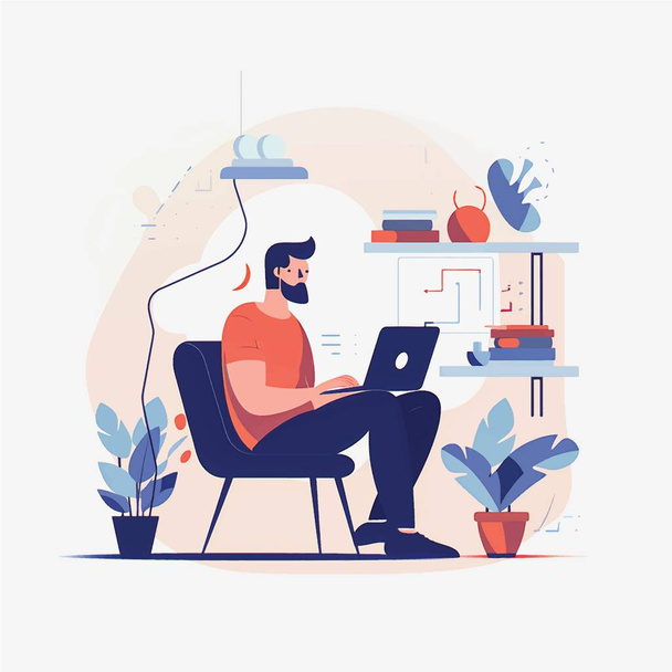 Обновленный векторное искусство домашнего офиса: Плоский стиль иллюстрация человека, работающего на ноутбуке на белом фоне - Вектор,изображение