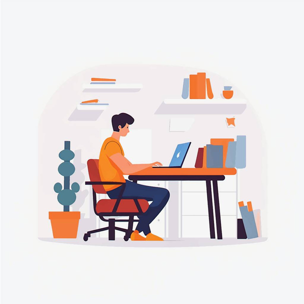 Arte vectorial racionalizado de la oficina del hogar: Ilustración plana del estilo de un hombre que trabaja en el ordenador portátil contra el fondo blanco - Vector, imagen