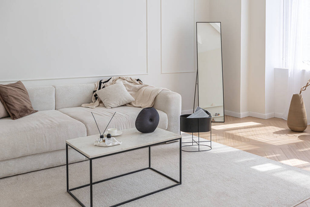 super white simple clean and stylish interior with modern furniture in nude color and contrasting black elements. luxury design of a large bright room living room - Zdjęcie, obraz