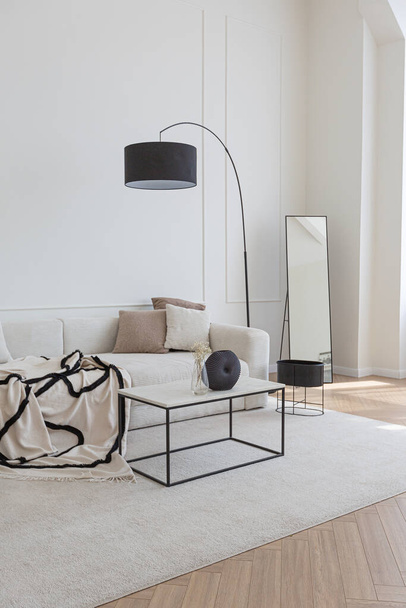 super white simple clean and stylish interior with modern furniture in nude color and contrasting black elements. luxury design of a large bright room living room - Fotó, kép