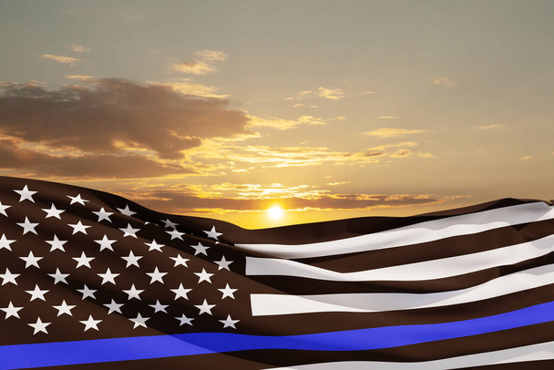 American flag with police support symbol Thin blue line on sunset sky. American police in society as the force which holds back chaos, allowing order and civilization to thrive. 3d-rendering. - Foto, Imagem
