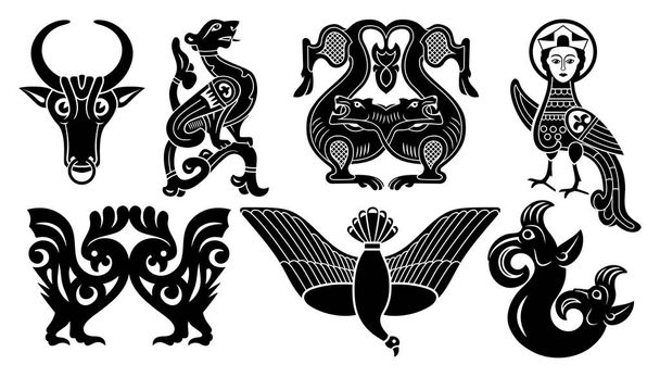 Set of Ancient Slavic Animal Designs. Vector silhouettes isolated on white. - Vektor, kép